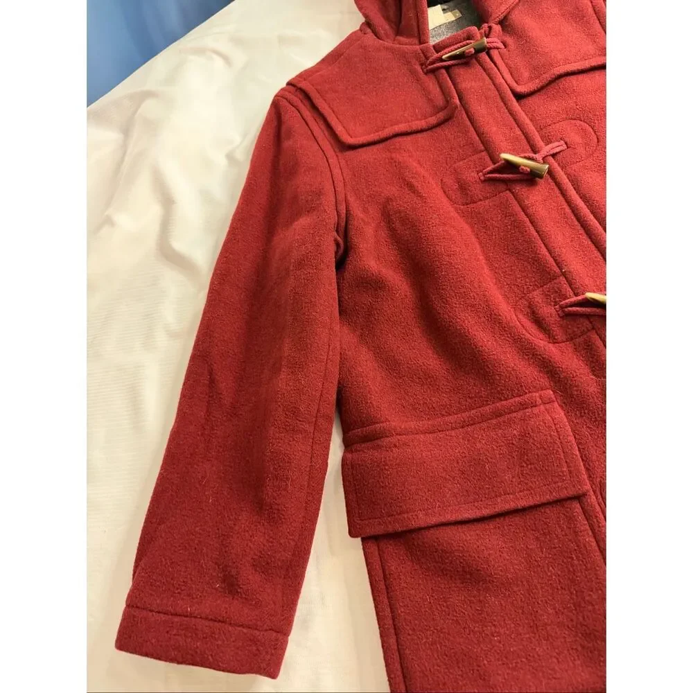 J.Crew Wool Blend Duffle Coat Small Burgundy Red Hooded Toggle Closure Jacket - Picture 2 of 9